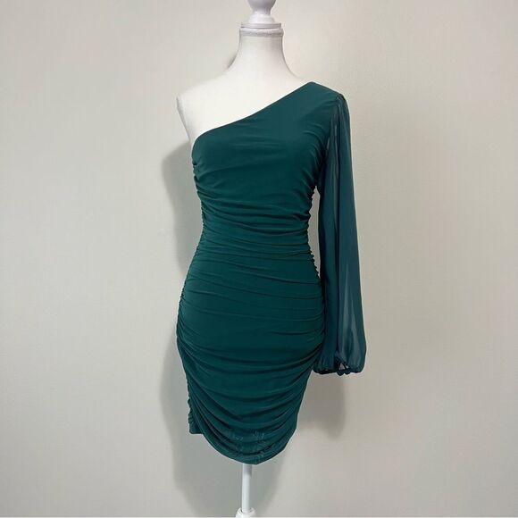HELLO MOLLY PARTY IT UP One Shoulder Bodycon Mesh Mini DRESS in GREEN Size 6 - Picture 3 of 12